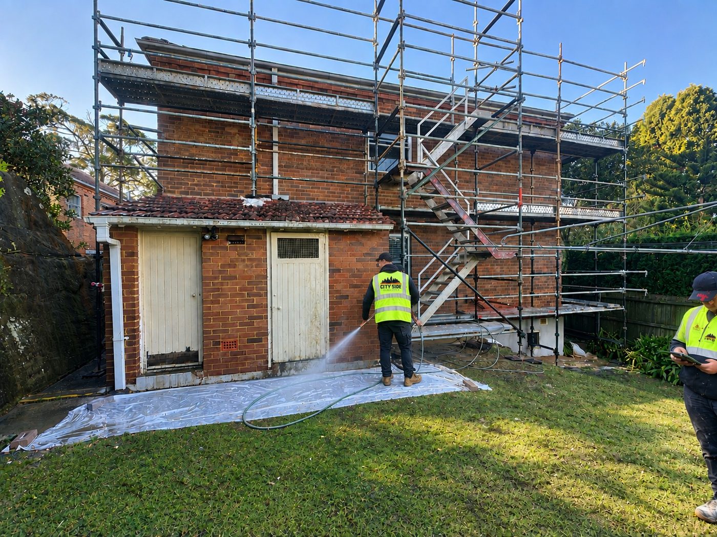 City Side crew with compliant scaffold and stair access