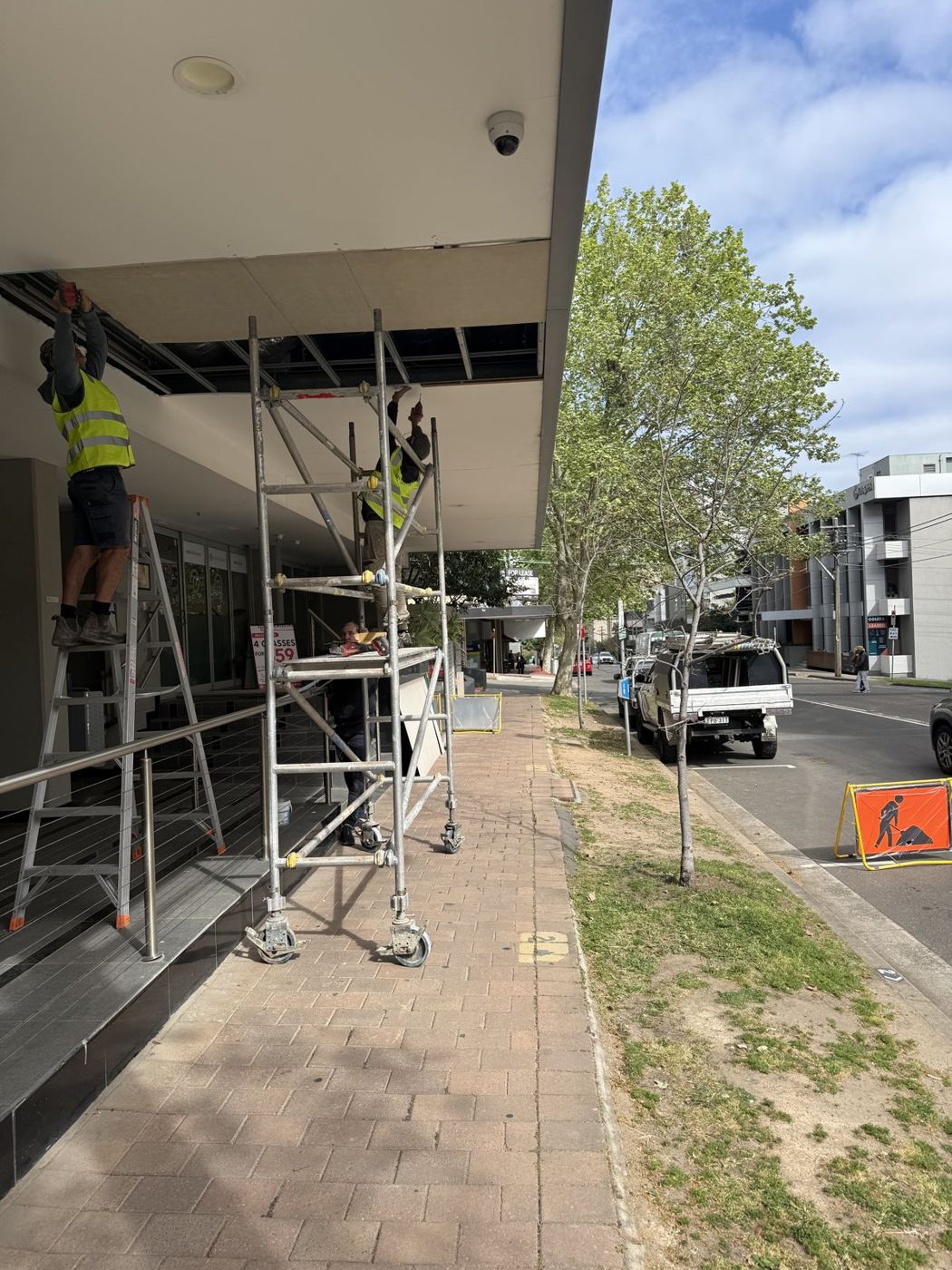 Mobile scaffold for awning soffit replacement St Leonards