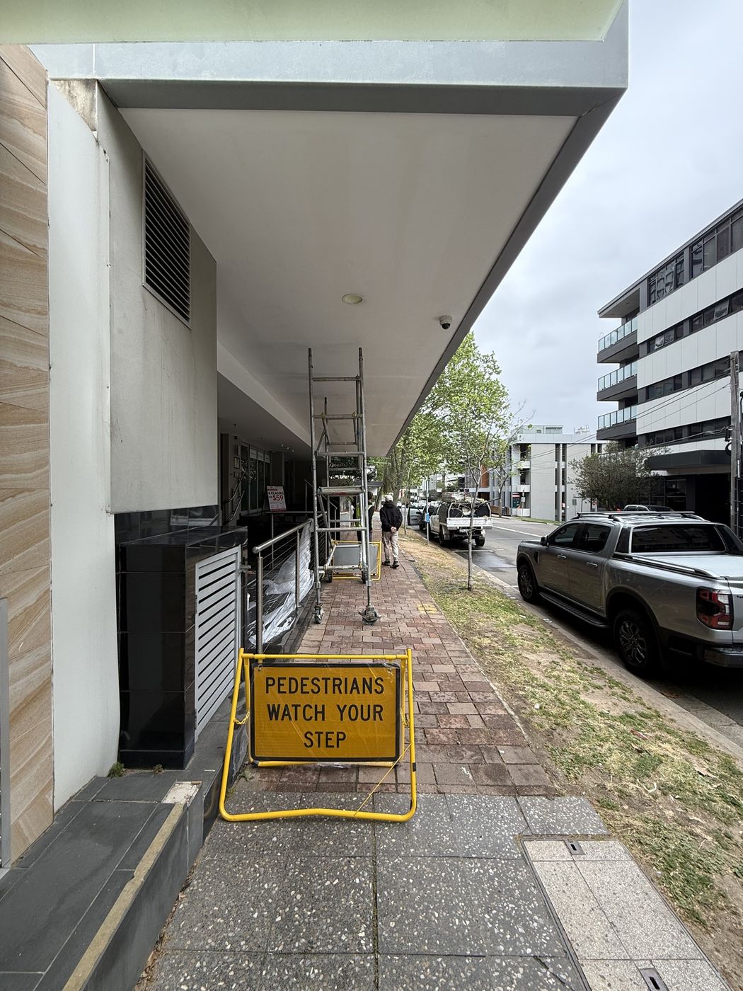 Pedestrian management during awning soffit works St Leonards