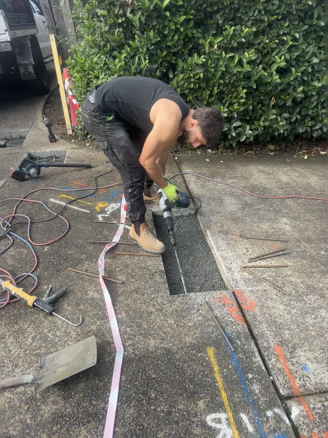 Saw-cutting driveway for trench drain