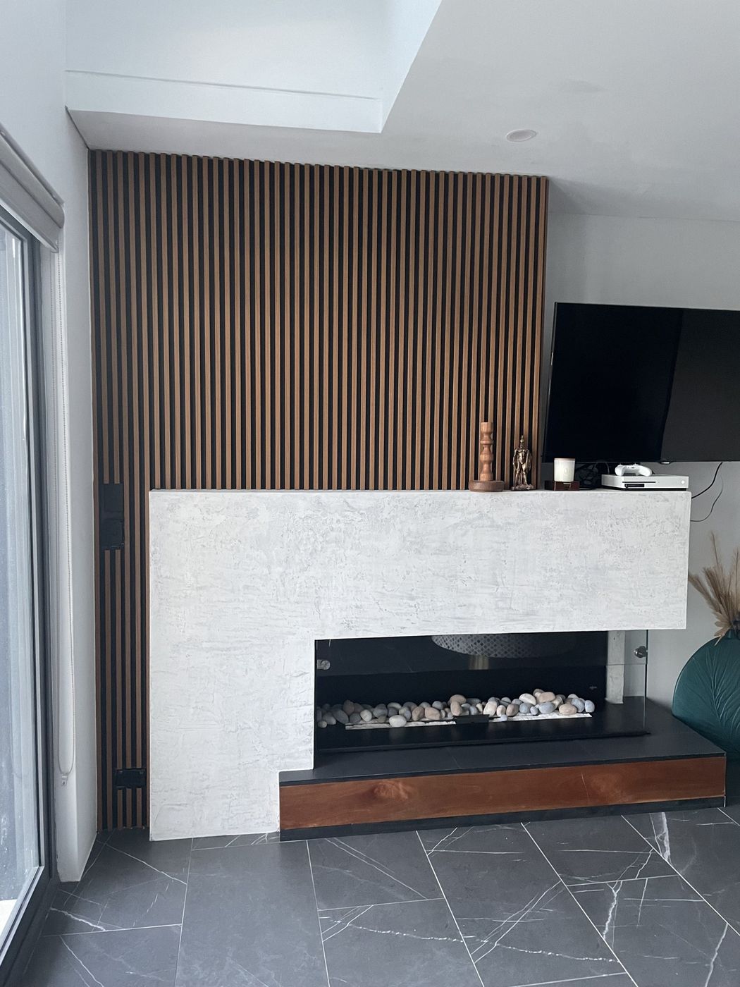 Completed feature fireplace and timber wall Monterey