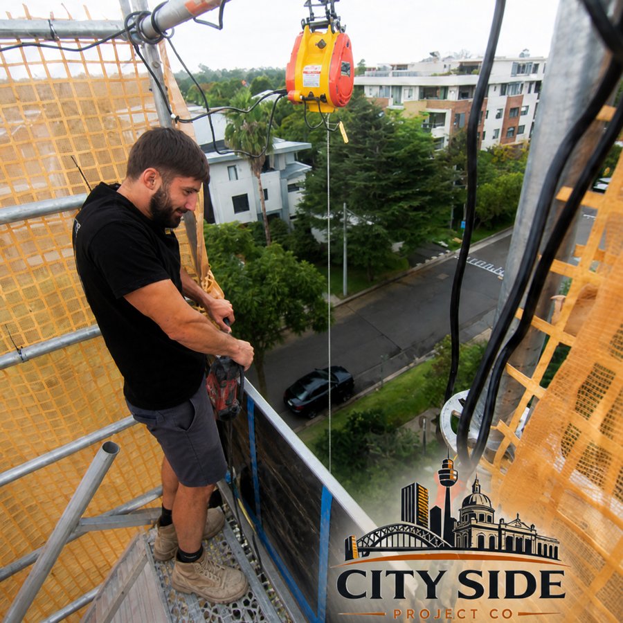 Worker on scaffold high rise remedial works